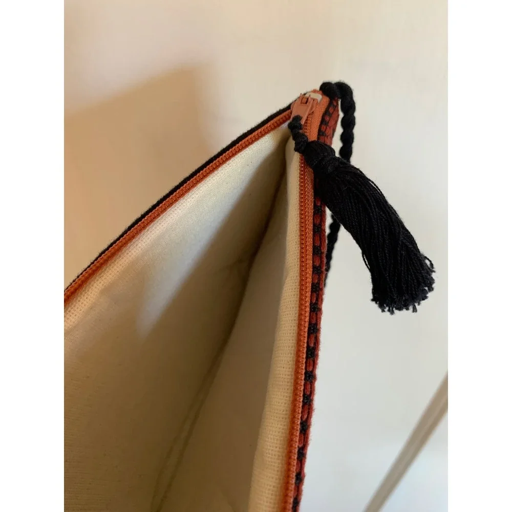 Handmade Embroidered Boho Crossbody Bag Black Turquoise Geometric Tassel